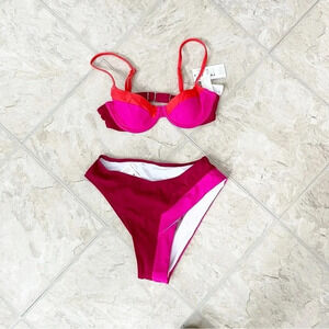NWT Cupshe Colorblock Hidden Wonders Top XS & V-Front Bikini S Bottom Barbiecore